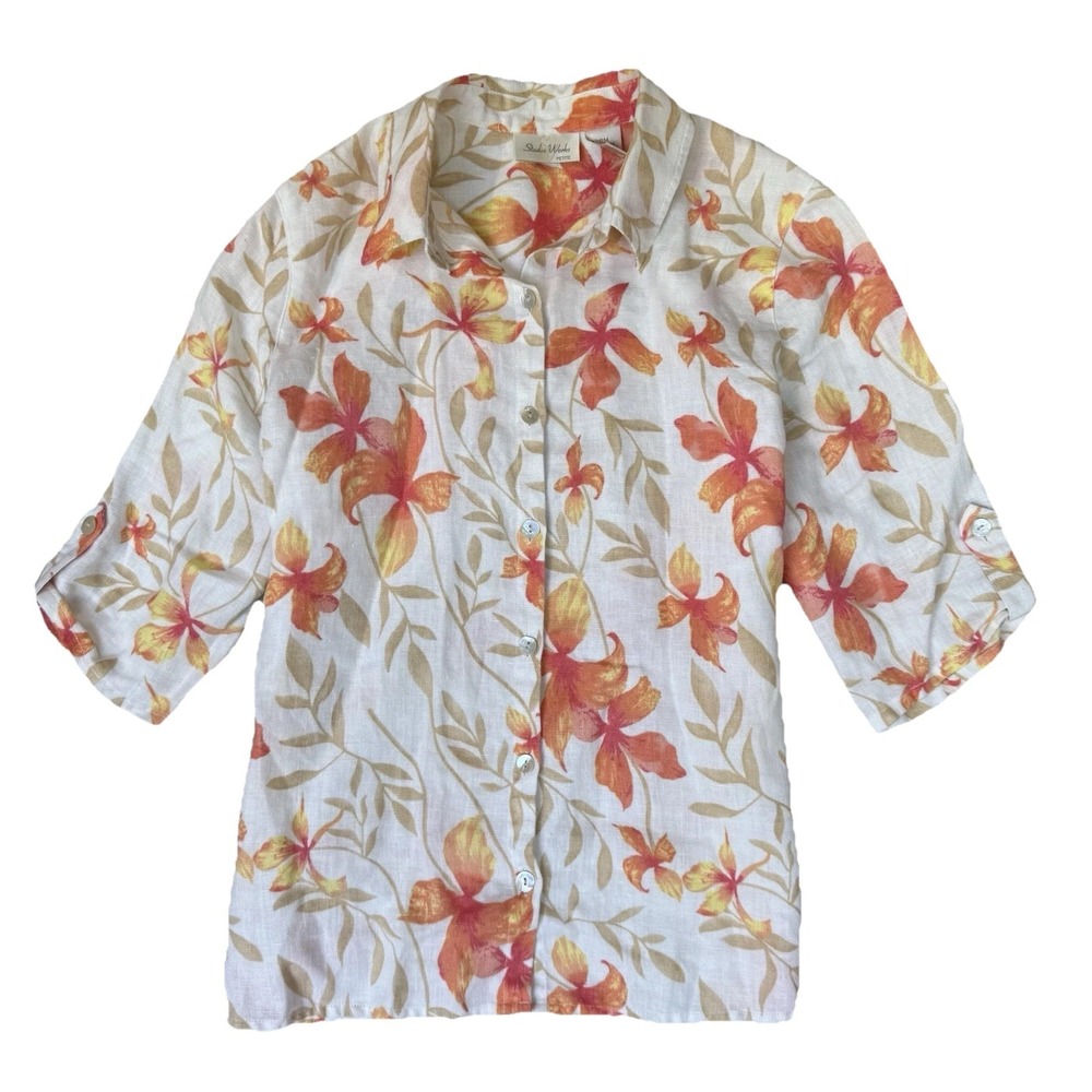 Studio Works 100% Linen Shirt Womens Petite M White Orange Floral Tropical Beach